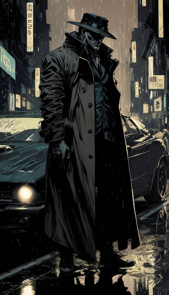 DreamShaper prompt: a man in a trench coat and hat walking down a street in the rain with a car behi...