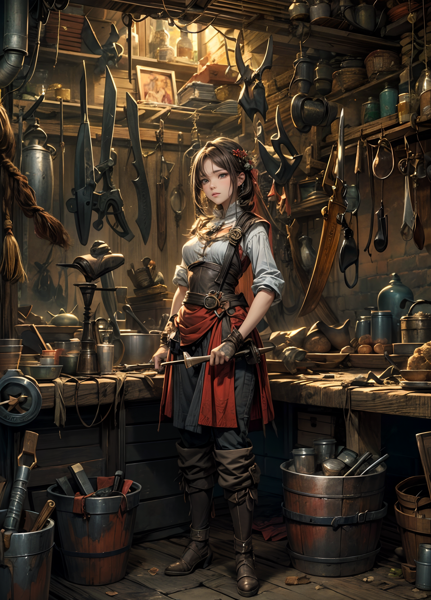 Stable Diffusion prompt: masterpiece, concept art, medium shot, panoramic, blacksmith weapon store interi...