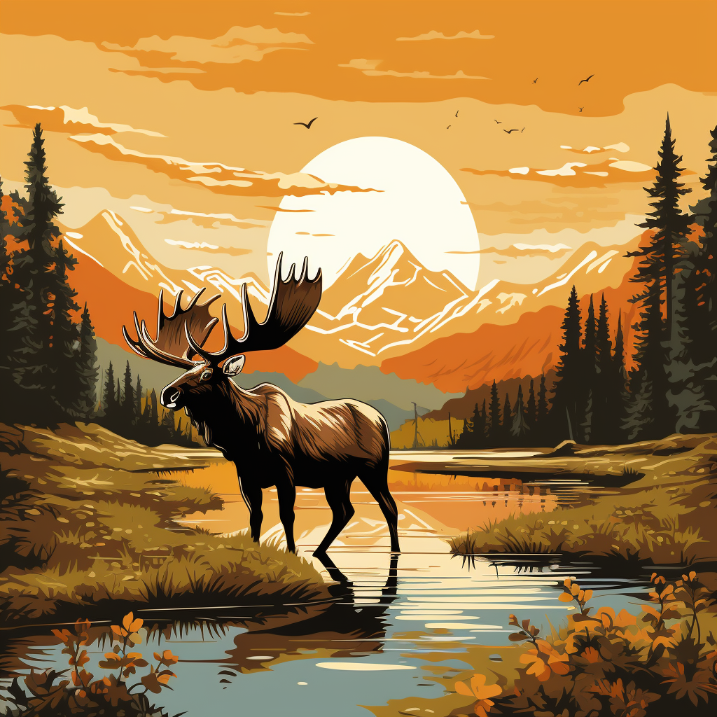 Midjourney prompt: cartoon of grand teton national park with a moose in the meadow in the style of ...