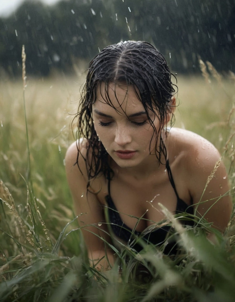 Realistic Vision V2.0 prompt: a young woman under (rain:1. 5) on knee in the (wet high grass:1. 5), (wet face:...