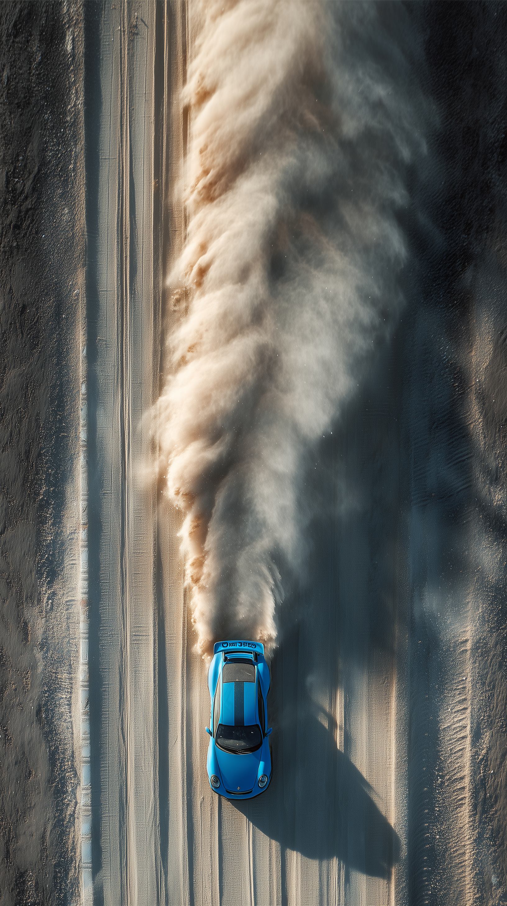 Midjourney prompt: overhead whip-pan capturing blue car, vertical central composition, burst past c...