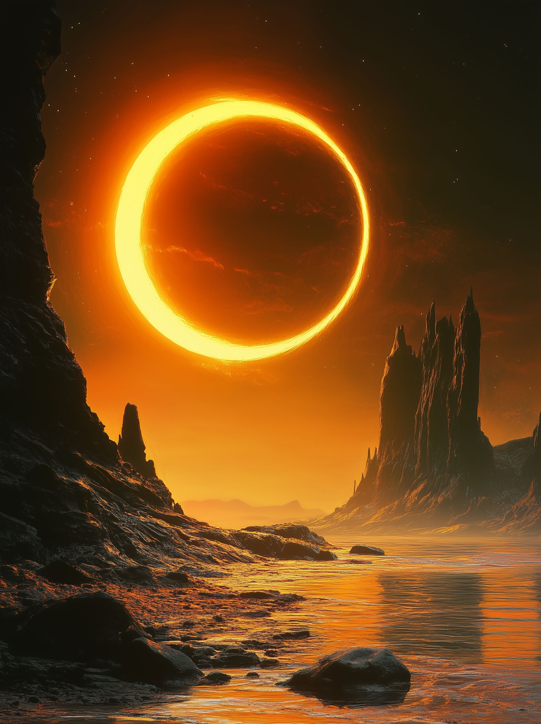 Midjourney prompt: **A bright sun with a yellow circular corona, on the horizon of a rocky planet, ...