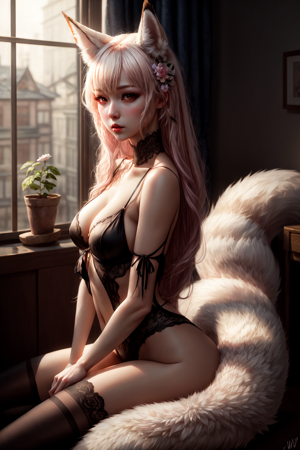 UnstableInkDream prompt: fluffy nine-tailed fox girl by Wlop and Guweiz, Hyper-realistic, photography, re...