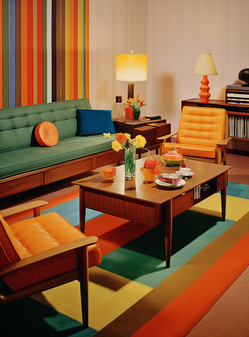Midjourney prompt: A vintage interior design magazine page from the mid 20th century, featuring an ...