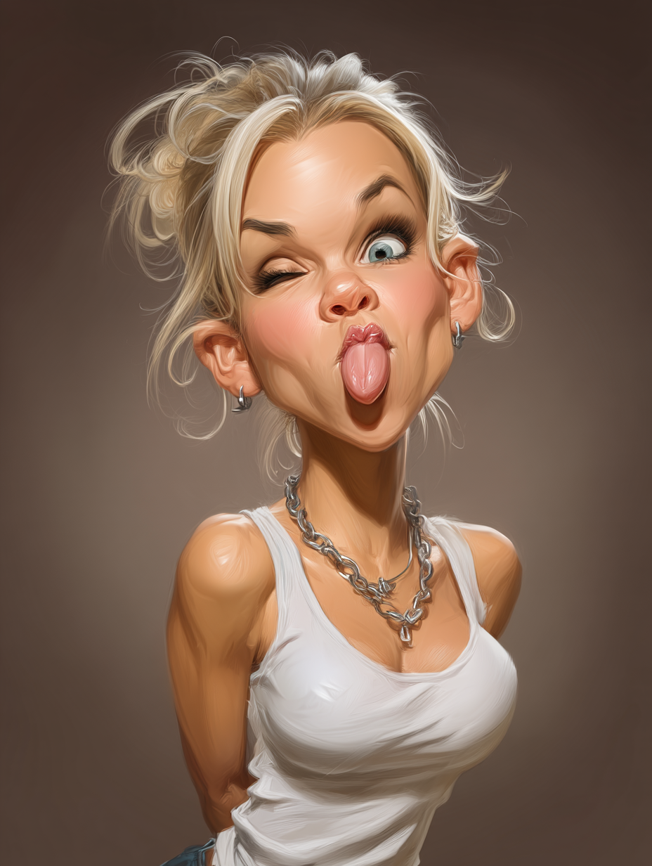 Midjourney prompt: funny caricature, cheeky blond girl caricature, young caucasian female, 21 years...