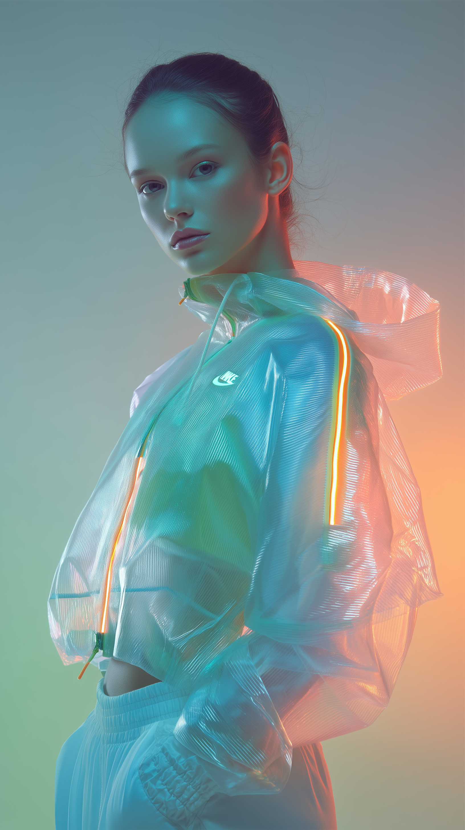 Midjourney prompt: advertisement photography, futuristic fashion concept, young female model, stari...