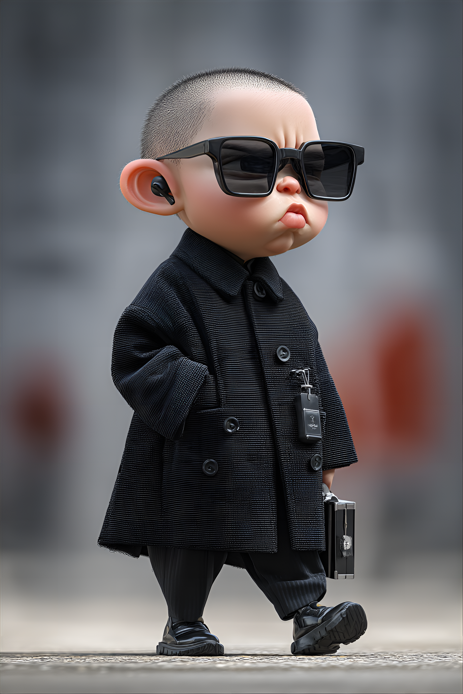 Midjourney prompt: funny caricature, tiny secret agent character, male, 2 years old, serious, deter...