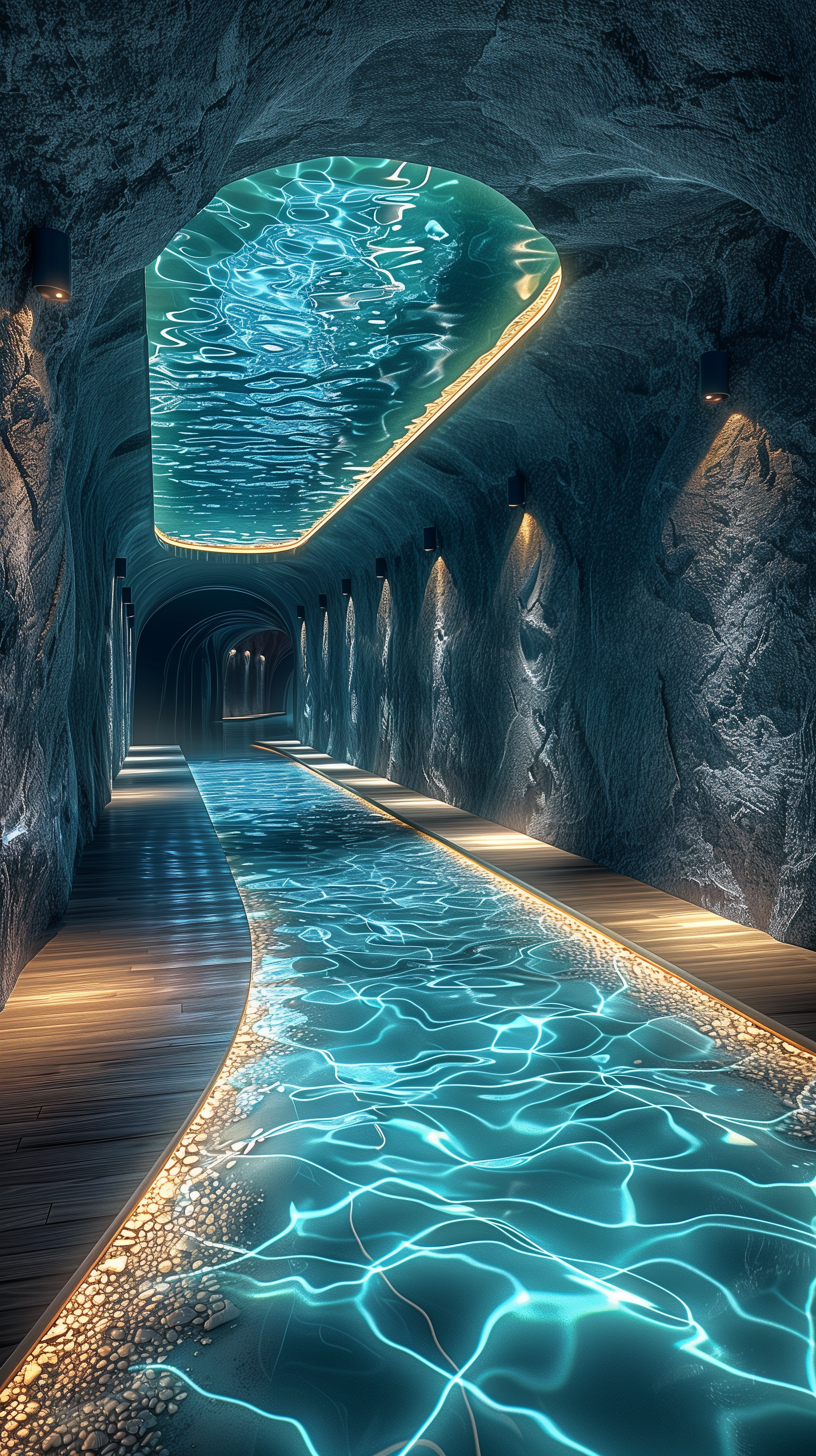 Midjourney prompt: photography, a long hallway submerged under a calm ocean, walls and ceiling in a...