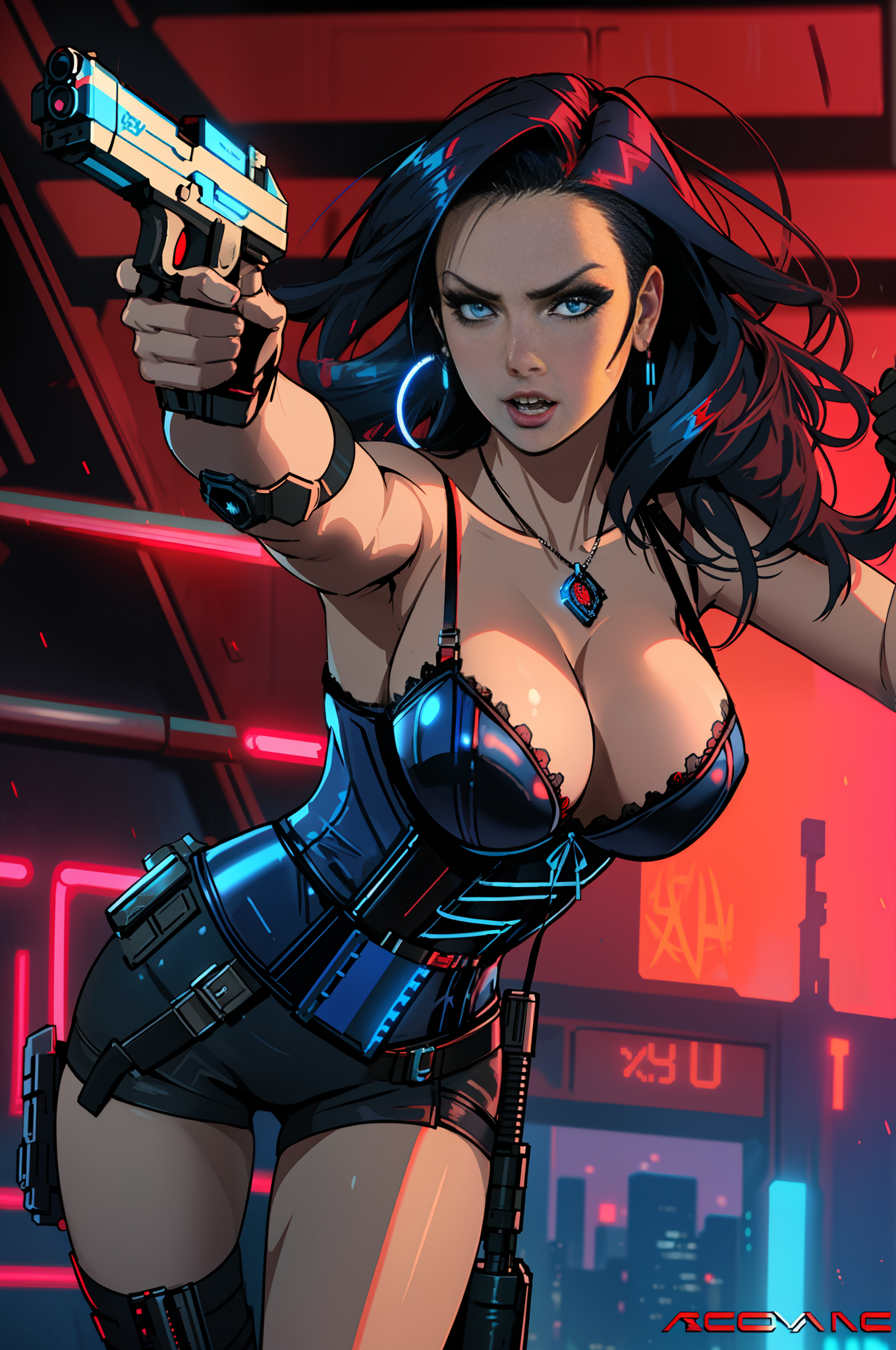 DreamShaper prompt: sexy woman in a blue corset holding a gun in a red room, full scene shot, cyberp...