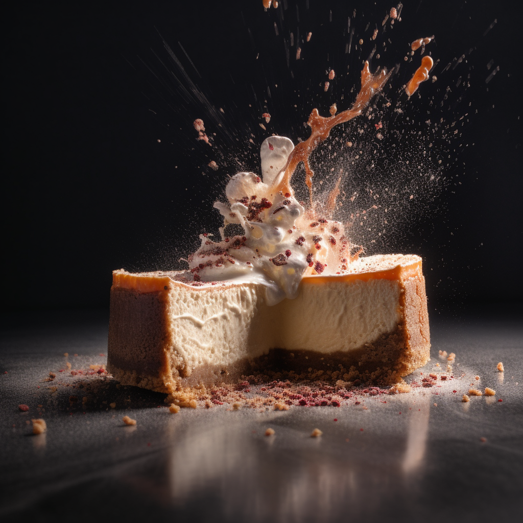Midjourney prompt: an amazing photo of delicious slice cheesecake dropping,food photography,gourmet...