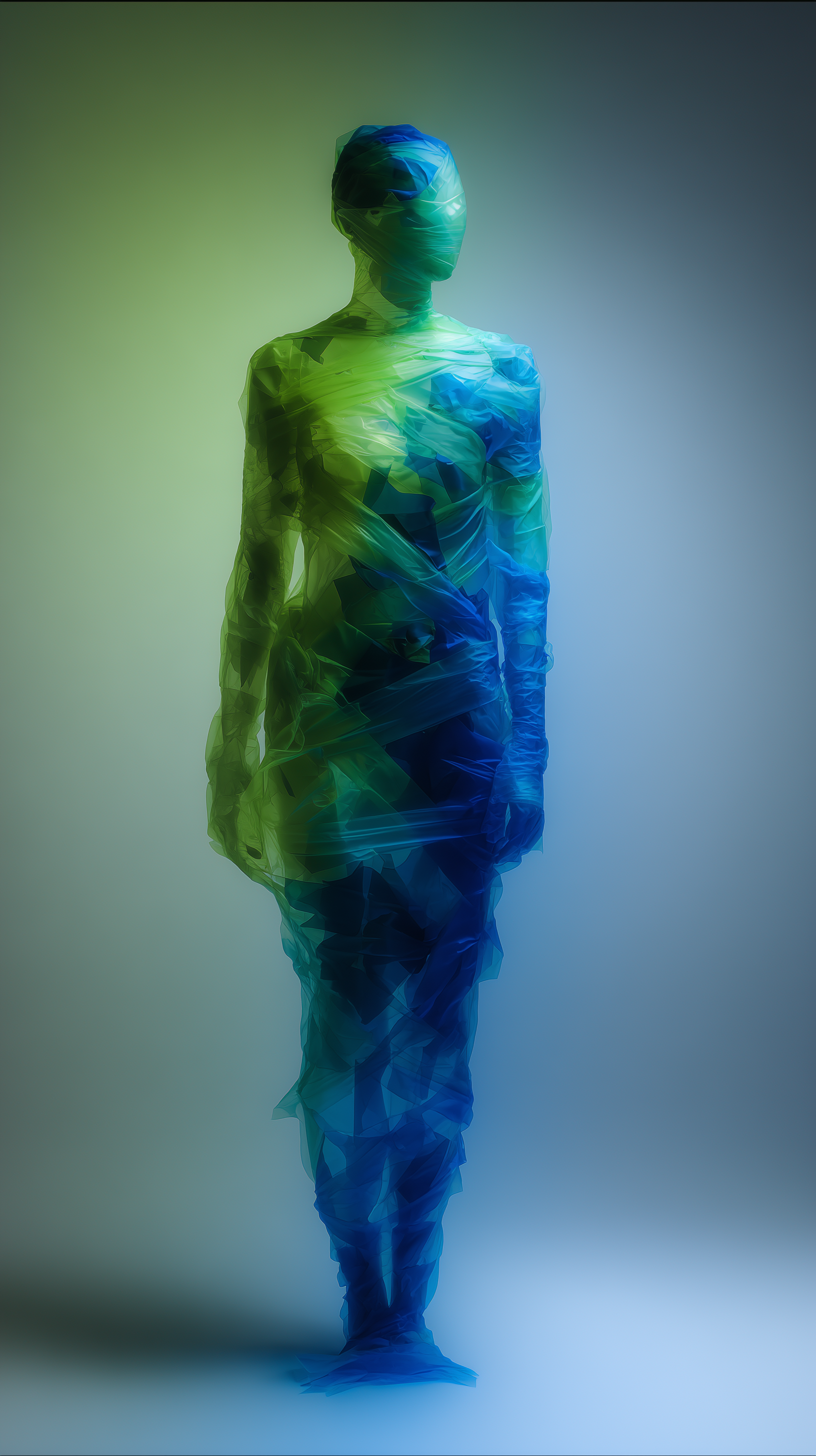 Midjourney prompt: surealism conceptual photography, front central, full-body rear shot, human figu...