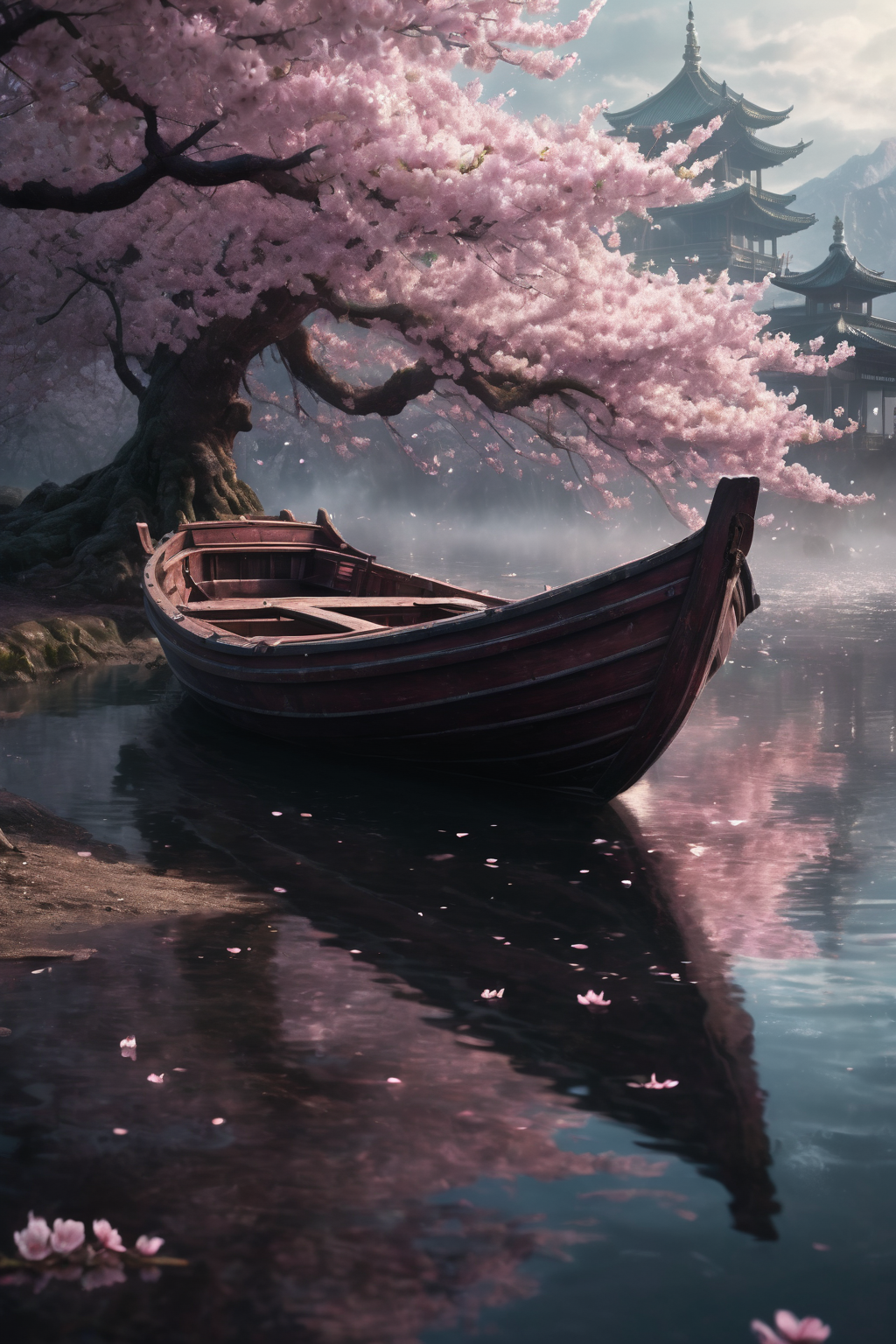 Stable Diffusion prompt: a boat in the middle of the cherry blossoms, in the style of lush scenery, fairy...