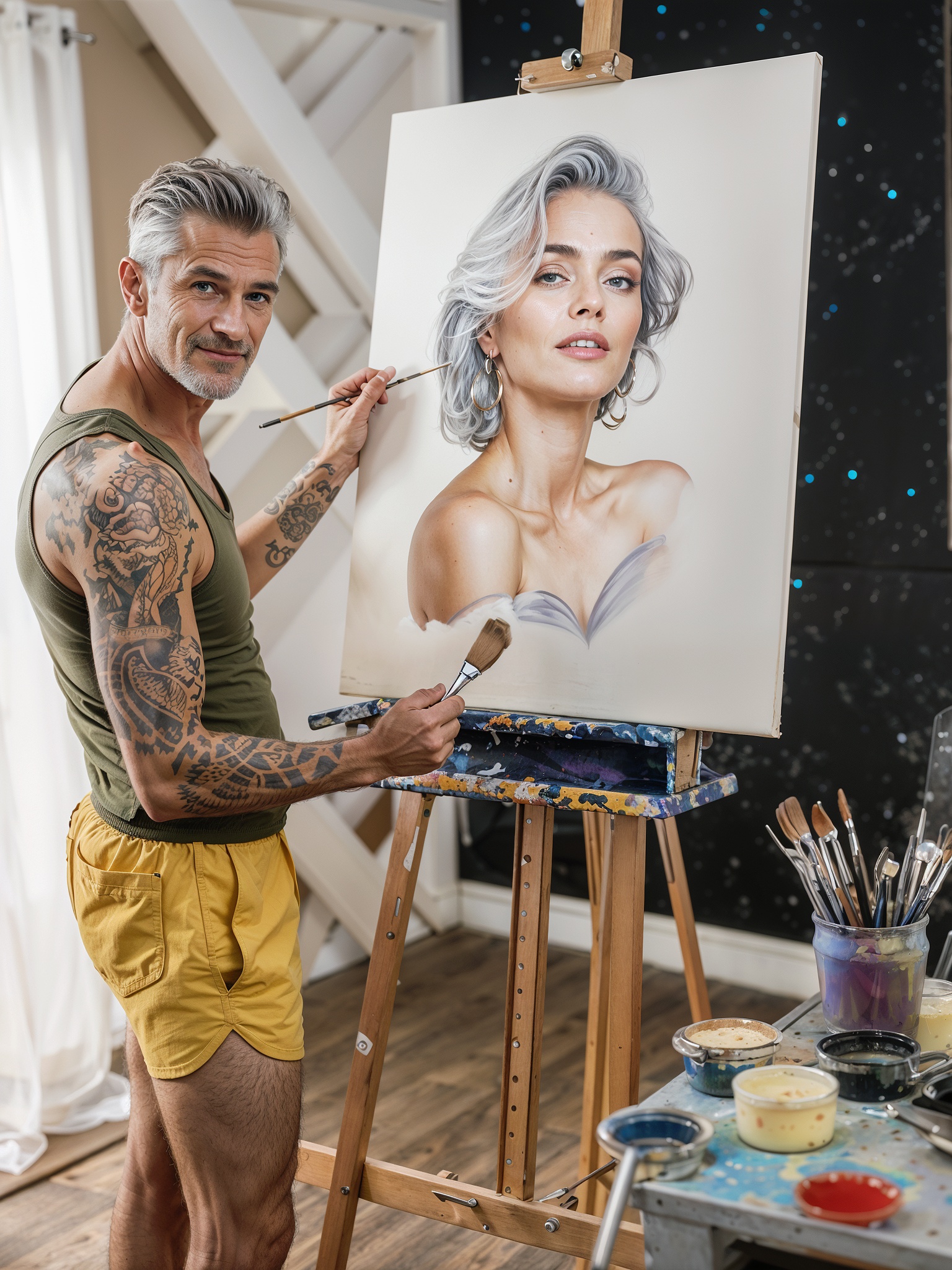 SD XL prompt: A stunning high quality photo of a beautiful and gorgeous 55 year man with tatto...