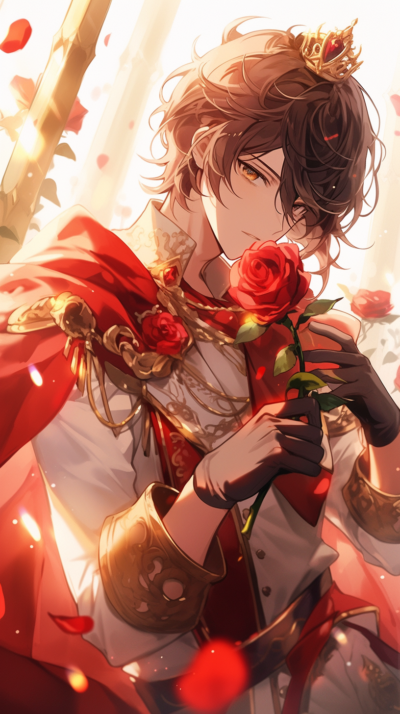 Midjourney prompt: A picture of a charming prince holding a rose, Disney Beauty and the Beast refer...