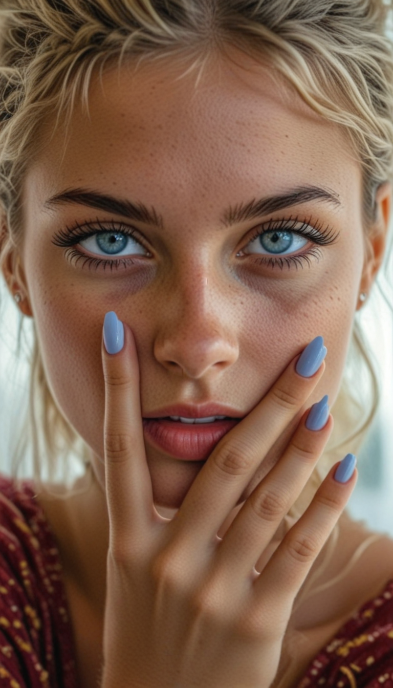 Juggernaut XL prompt: Close-up of a young woman with blue eyes and blonde hair styled back. She looks ...