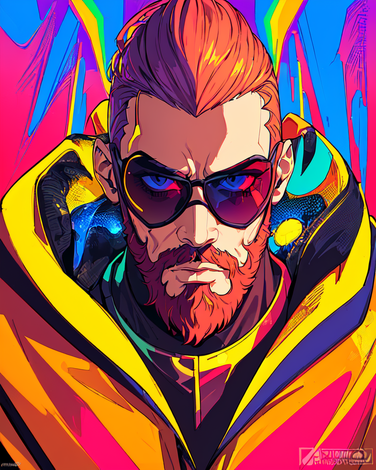 Midjourney prompt: a man with a beard and sunglasses, cyberpunk art, funk art, stunning gradient co...