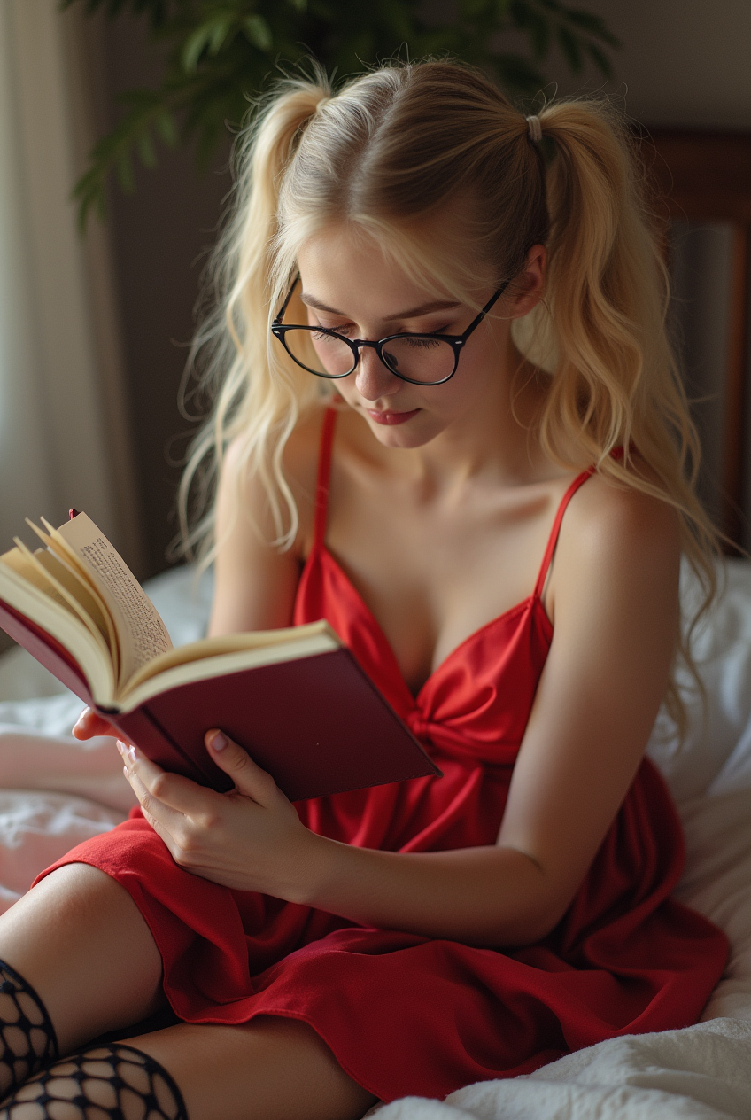 FLUX prompt: oung blonde, pigtails, young girl, in a pointed satin red shimmering babydoll an...