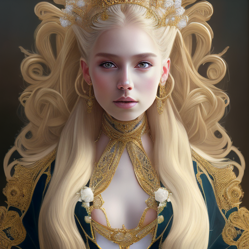 Openjourney prompt: portrait of a humanoid princess with long blonde hair, standing next to a beauti...