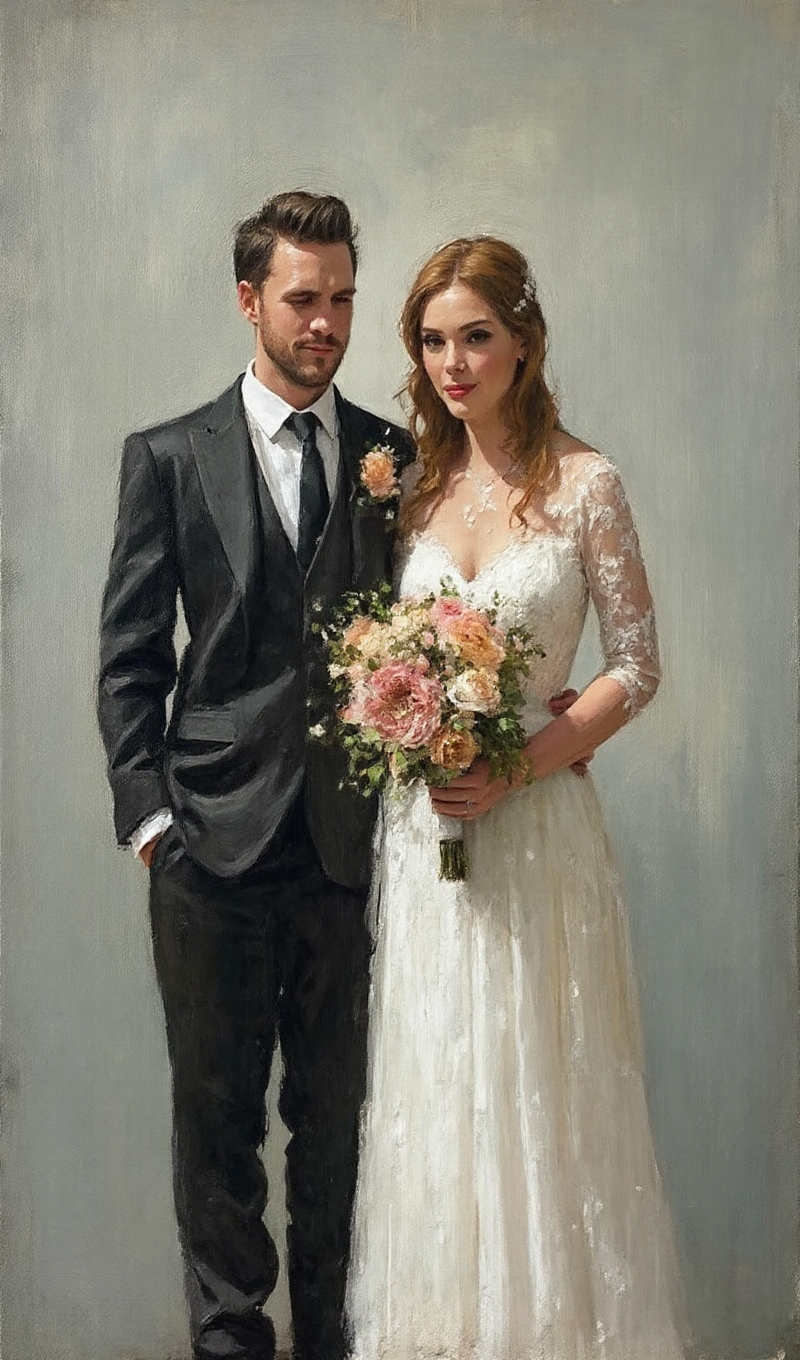 Flux.1-Dev (v1+v2) Flux.1-Schnell BNB NF4 prompt: Oil painting on canvas of a couple standing next to each other at their wedding....