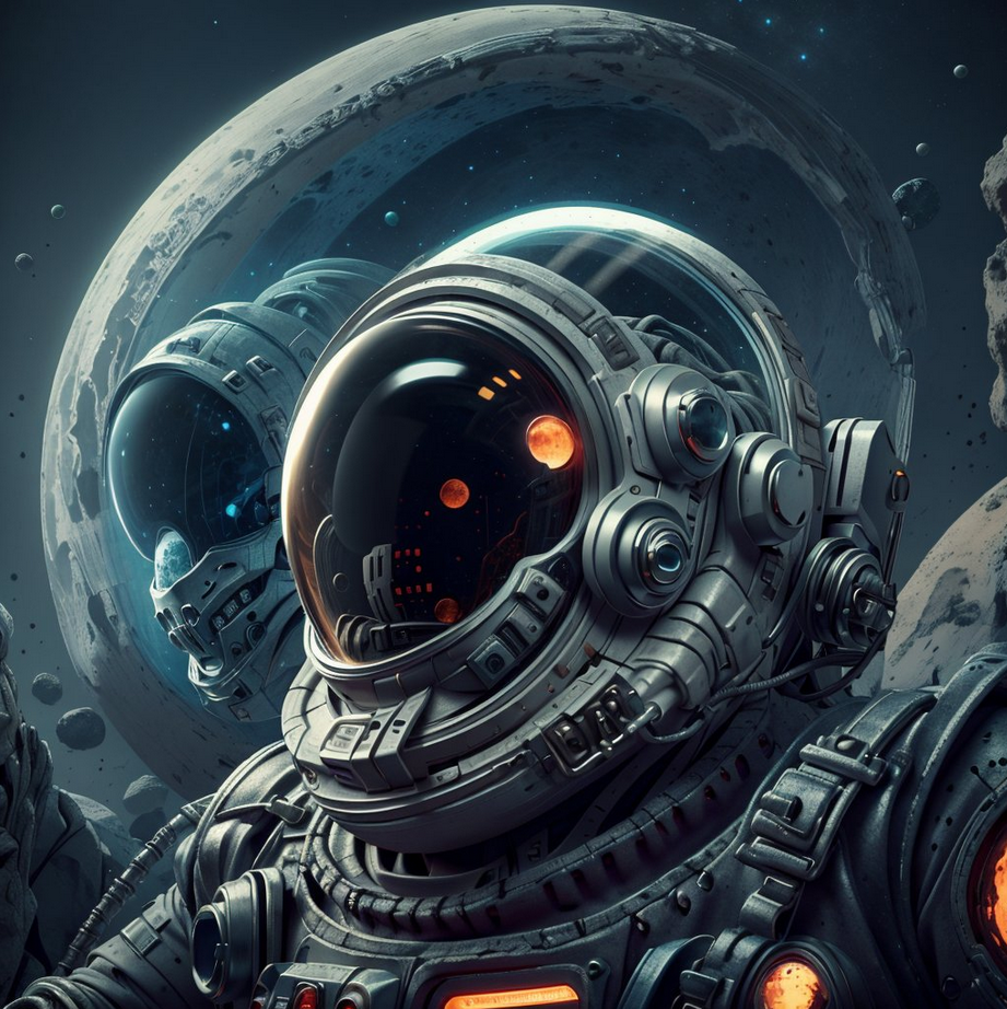 Stable Diffusion prompt: there is skull in spacesuit with helmet, creepy astronaut, space horror, space h...