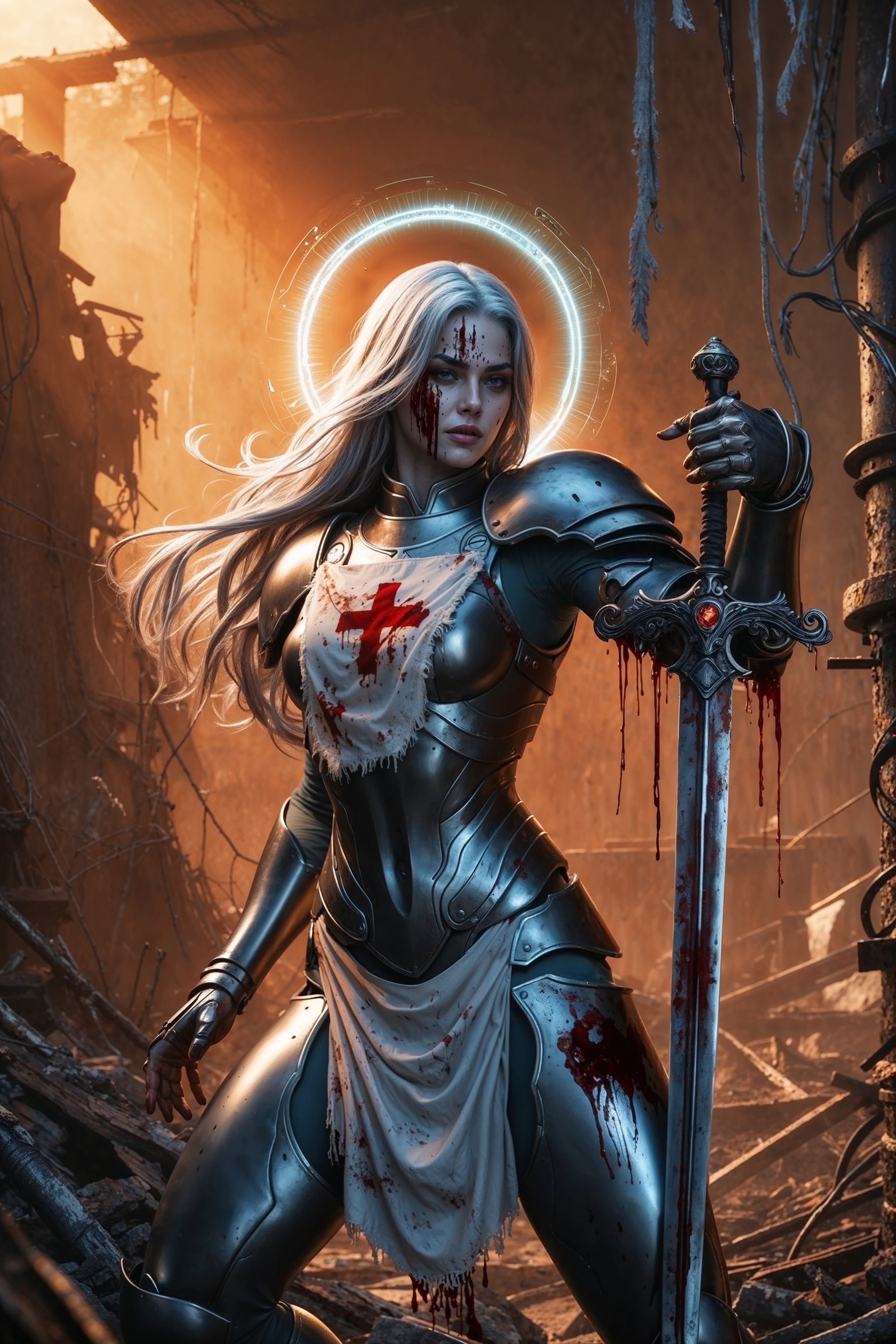 Stable Diffusion prompt: a cinematic digital artwork featuring a powerful, female armored figure in a her...