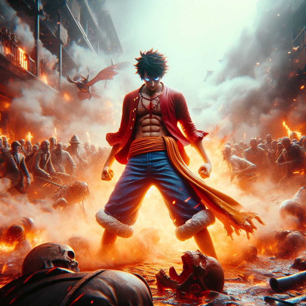 DALL·E prompt: Hyper realistic one piece character design, luffy, mist, photorealistic, octane ...