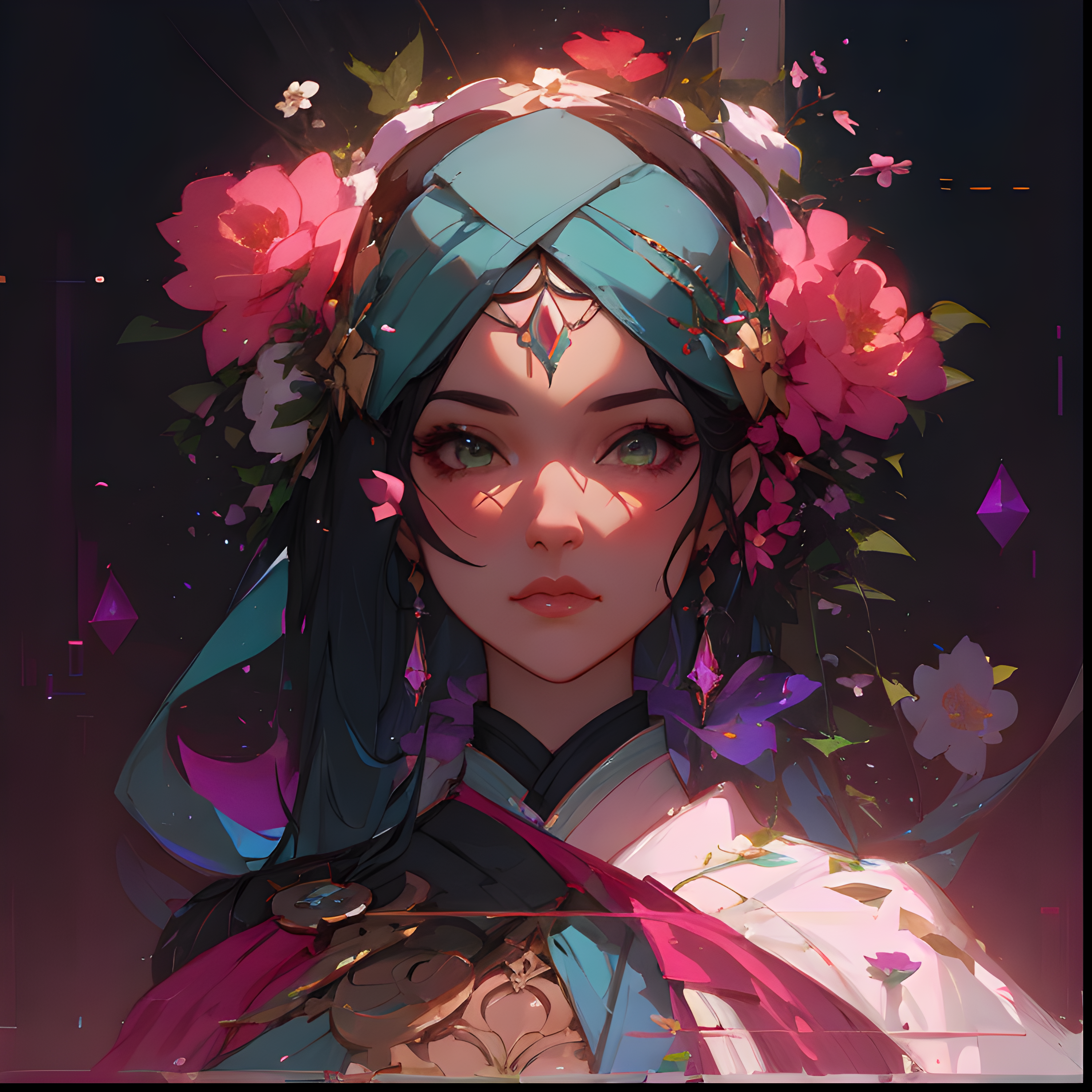 Counterfeit-V2.5 prompt: a close up of a woman with flowers on her head, by Ross Tran, Artstation contest...