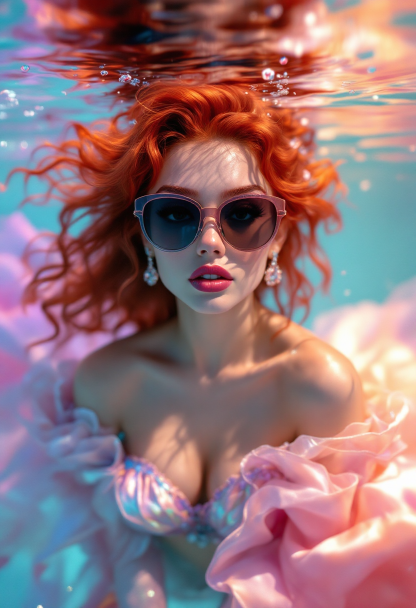 FLUX prompt: Vibrant, high-fashion photography of 20-year-old Ariel, the little mermaid, with...
