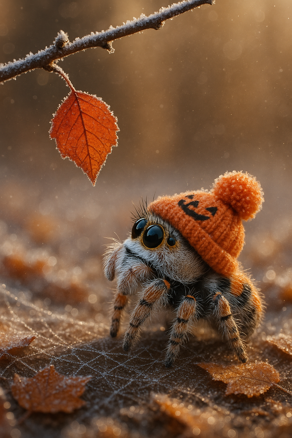 ChatGPT Image prompt: fluffy little spider in a knitted hat with a pompom, sitting and looking up at a...
