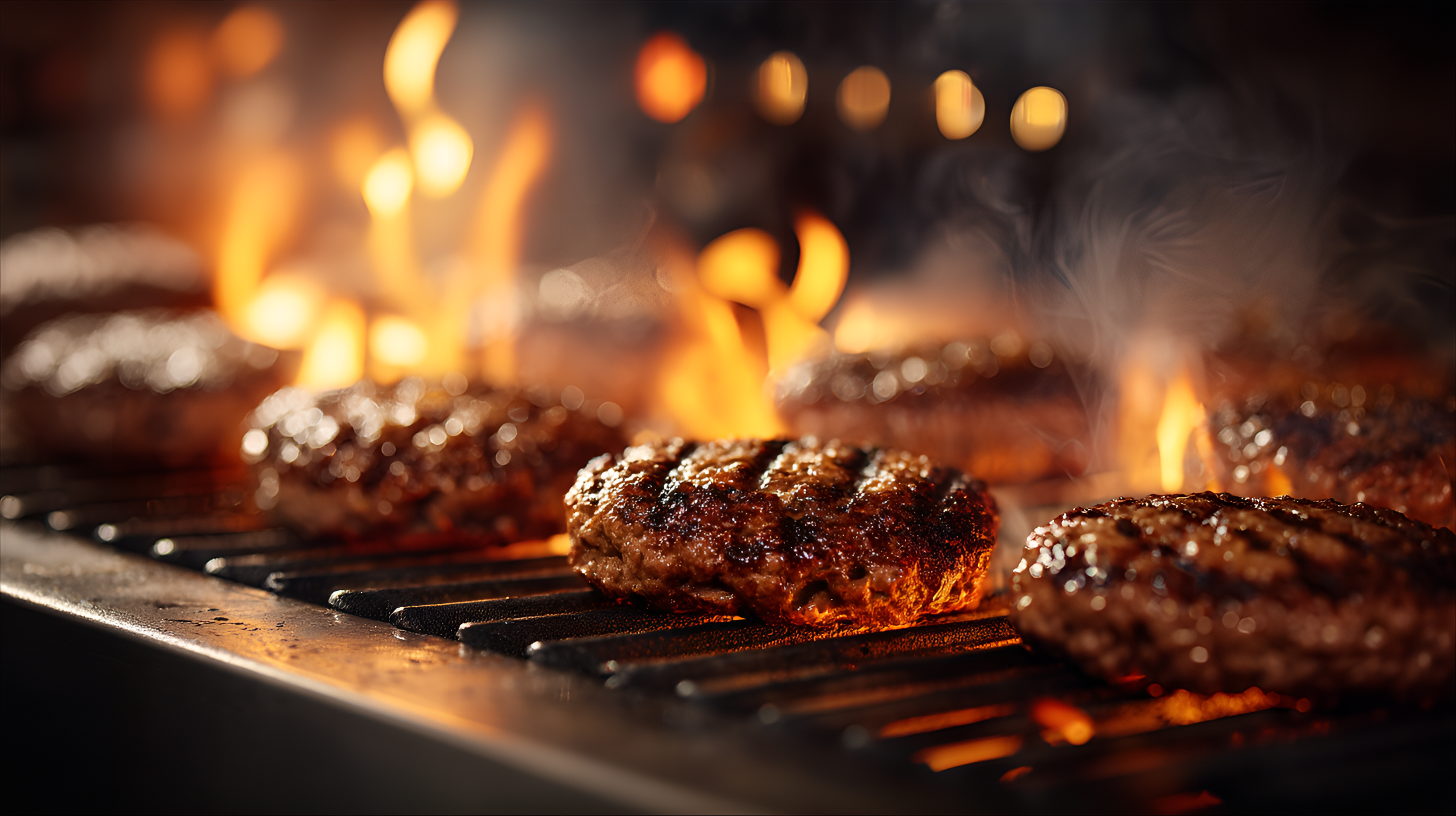 Midjourney prompt: Close-up view of several hamburger patties cooking on a grill, with flames and s...