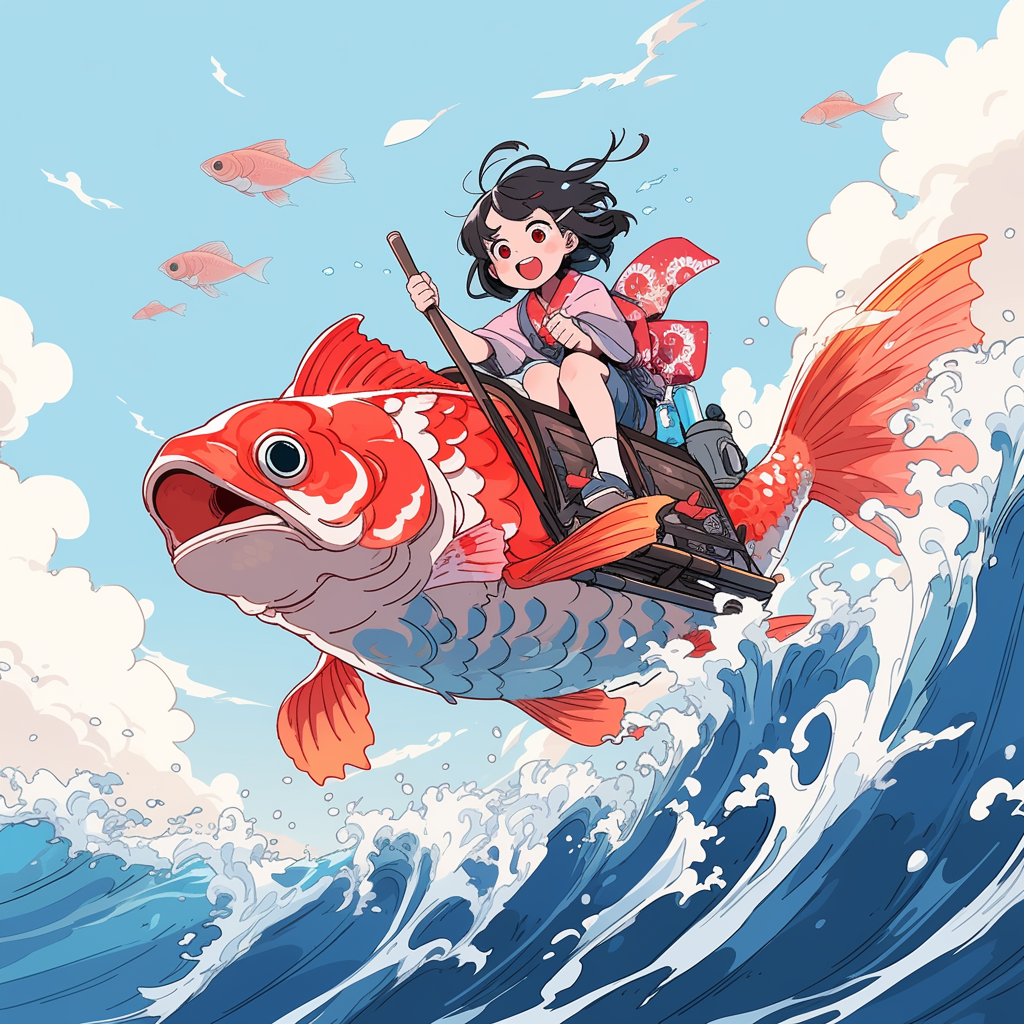 Midjourney prompt: a cartoon of a girl riding a koi fish, in the style of he jiaying, comic/cartoon...