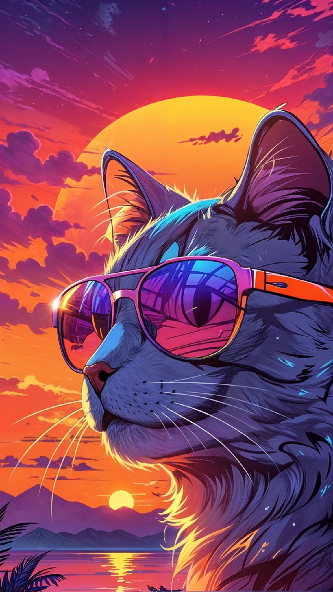 Midjourney prompt: 80s synthwave high detail purple cat with bright orange sunglasses, sunset in th...