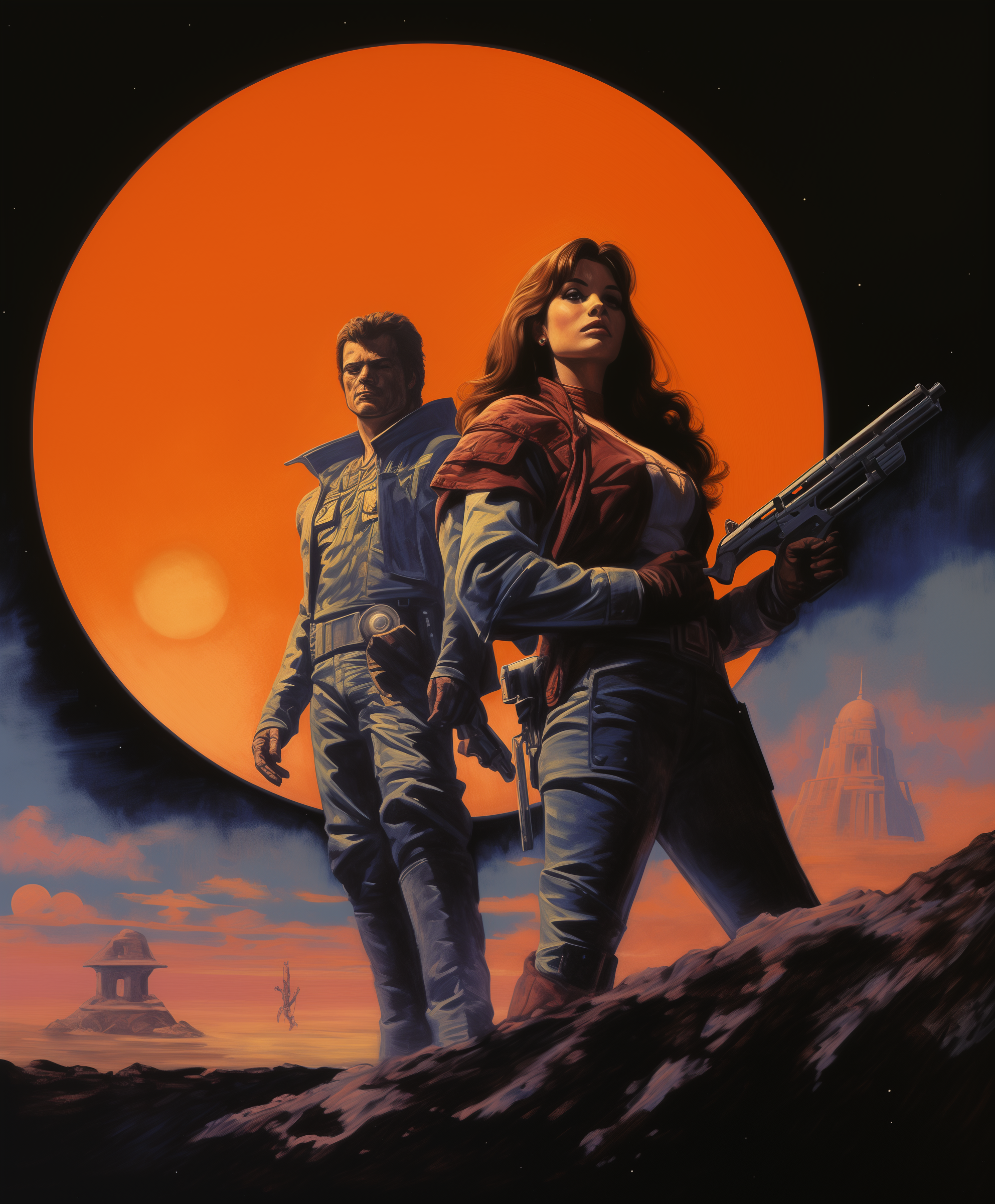 Midjourney prompt: A woman in red pants and black boots holding two laser guns, standing on the lef...