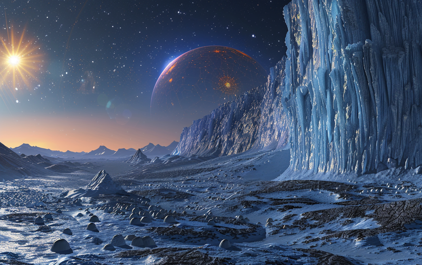 Midjourney prompt: An icy landscape under the glow of an alien sun, with frozen mountains and rocky...