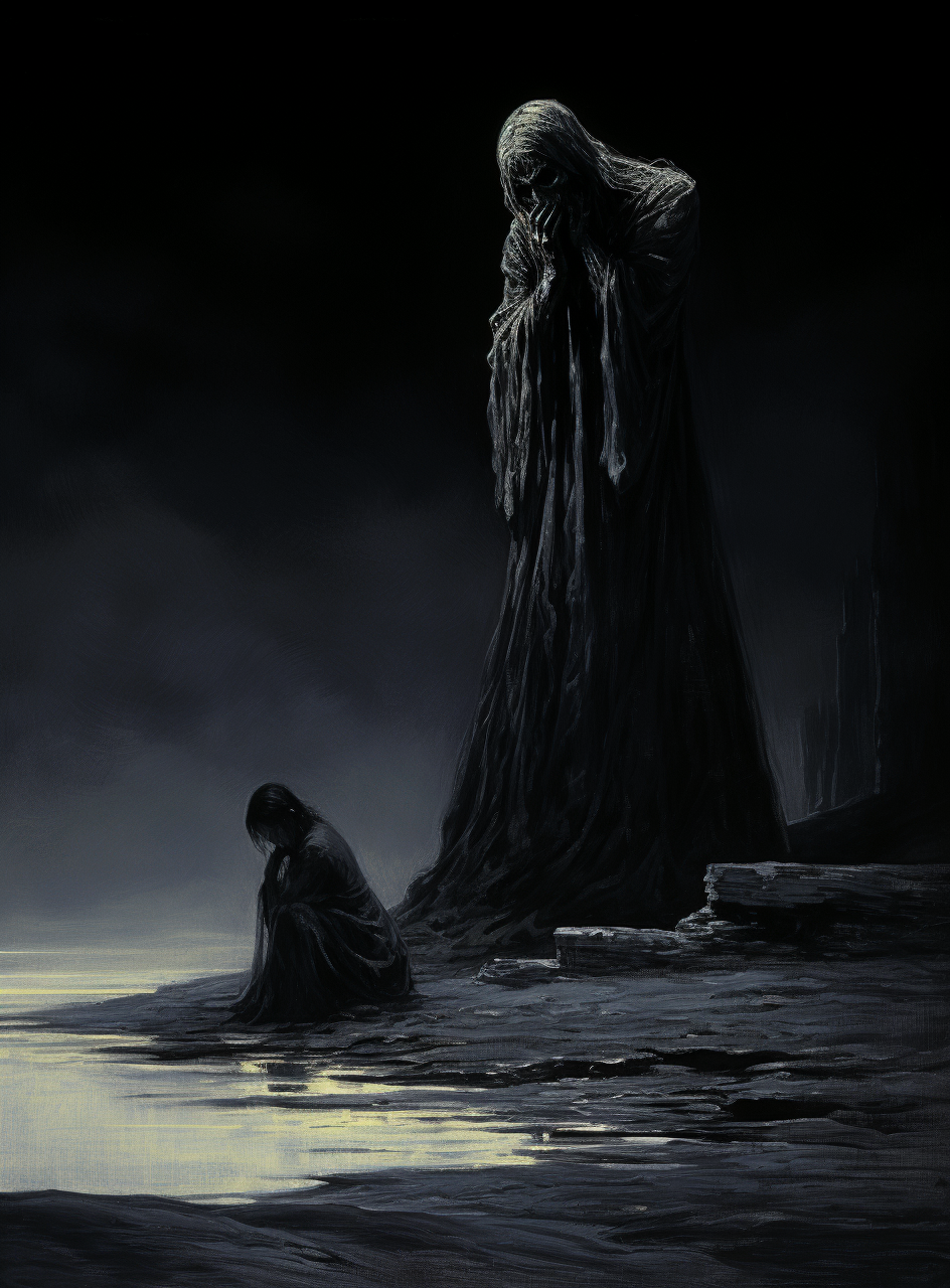 Midjourney prompt: black and white illustration of the grim reaper standing over a terrified woman ...