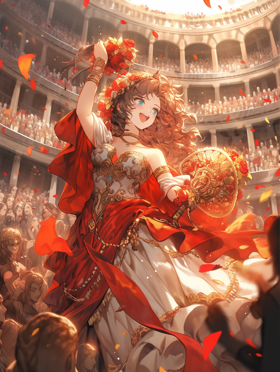Midjourney prompt: Ancient Rome, Julius Caesar Dynasty 1000-year old confident and charismatic girl...