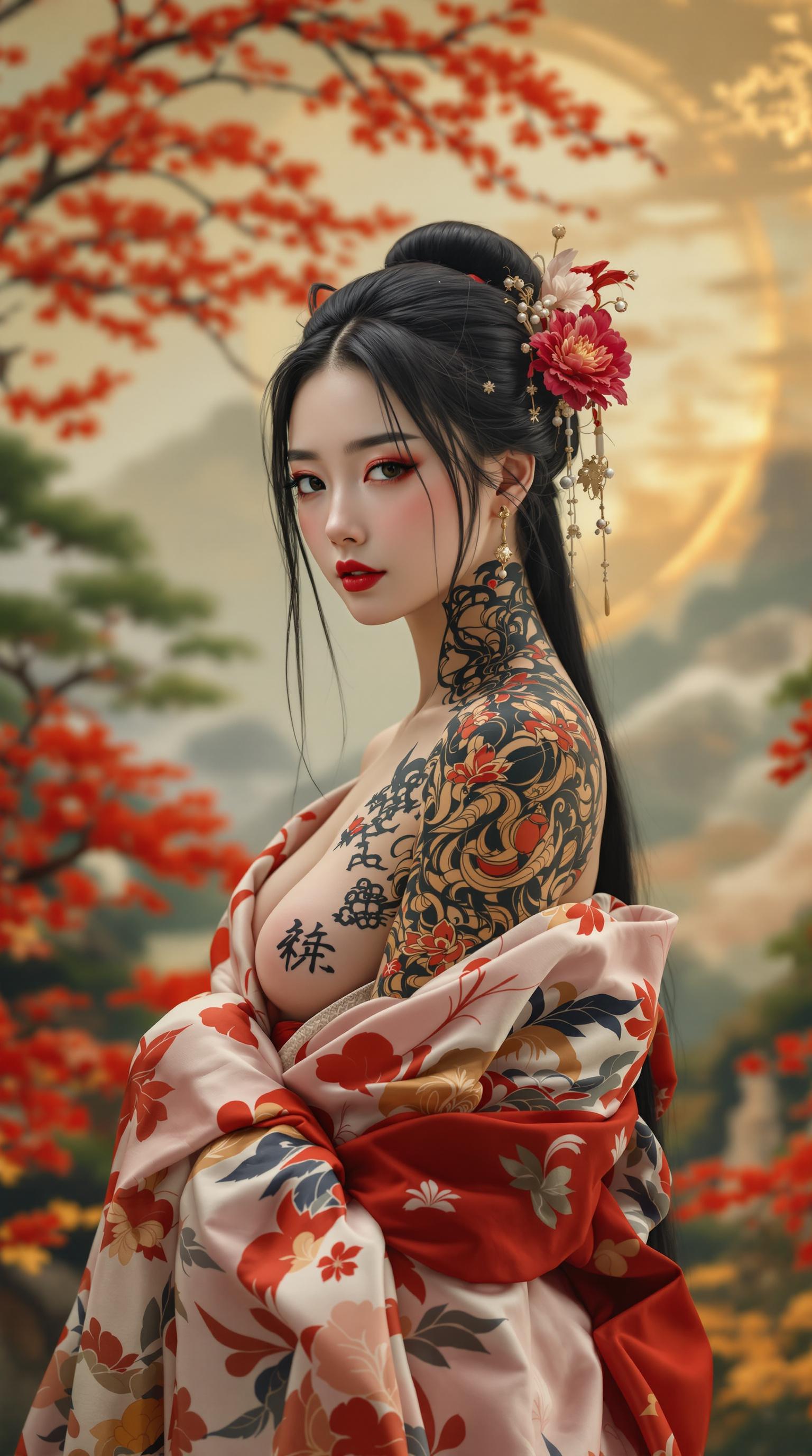 FLUX prompt: ue de dos, une femme japonaise avec un grand tatooage de grue colorée traditione...
