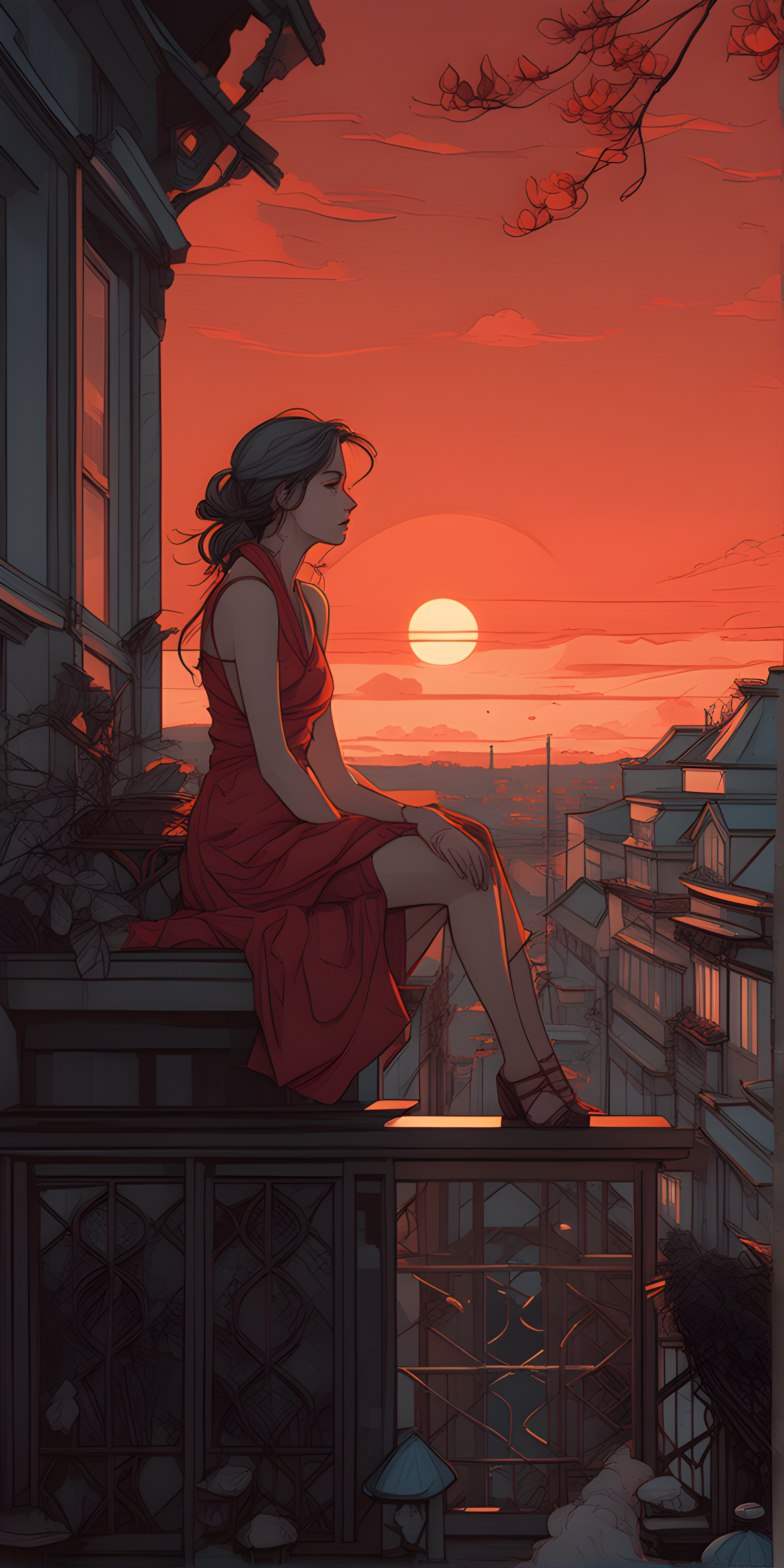 Deliberate prompt: a woman sitting on a balcony looking out at the sunset, alphonse mucha and alena...