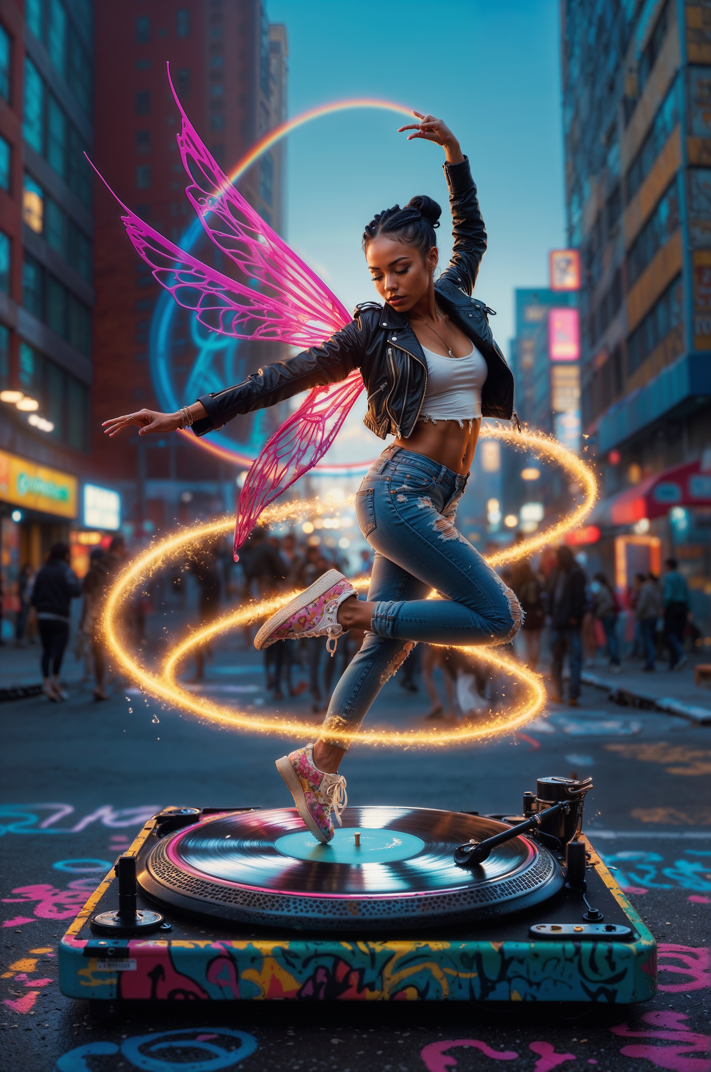SD XL prompt: A captivating Hyperrealistic illustration of an urban fairy gracefully dancing a...