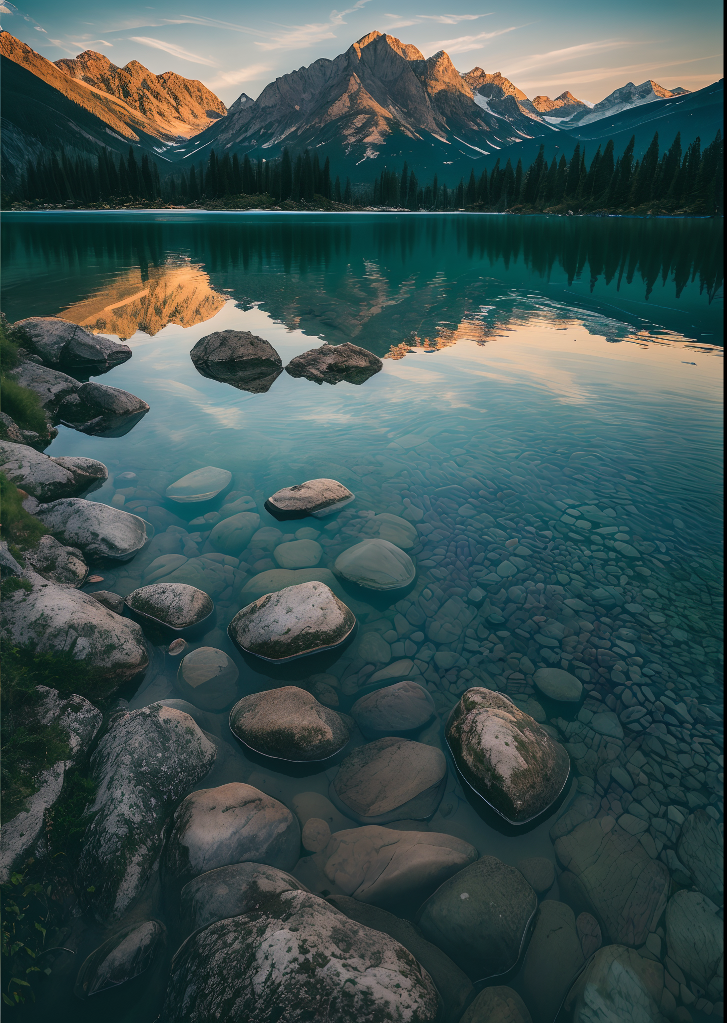 Stable Diffusion prompt: RAW photo of a mountain lake landscape, clear water, (Instagram able), highly de...
