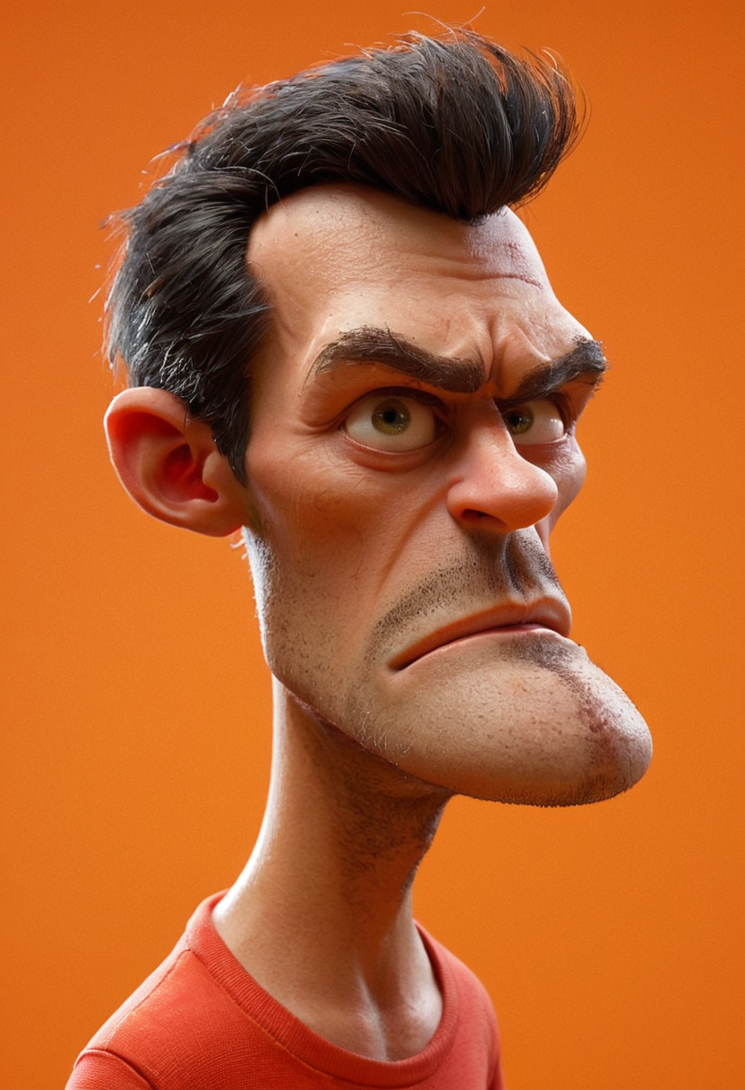 Stable Diffusion prompt: A caricature of a man with exaggerated features is set against a vibrant orange ...