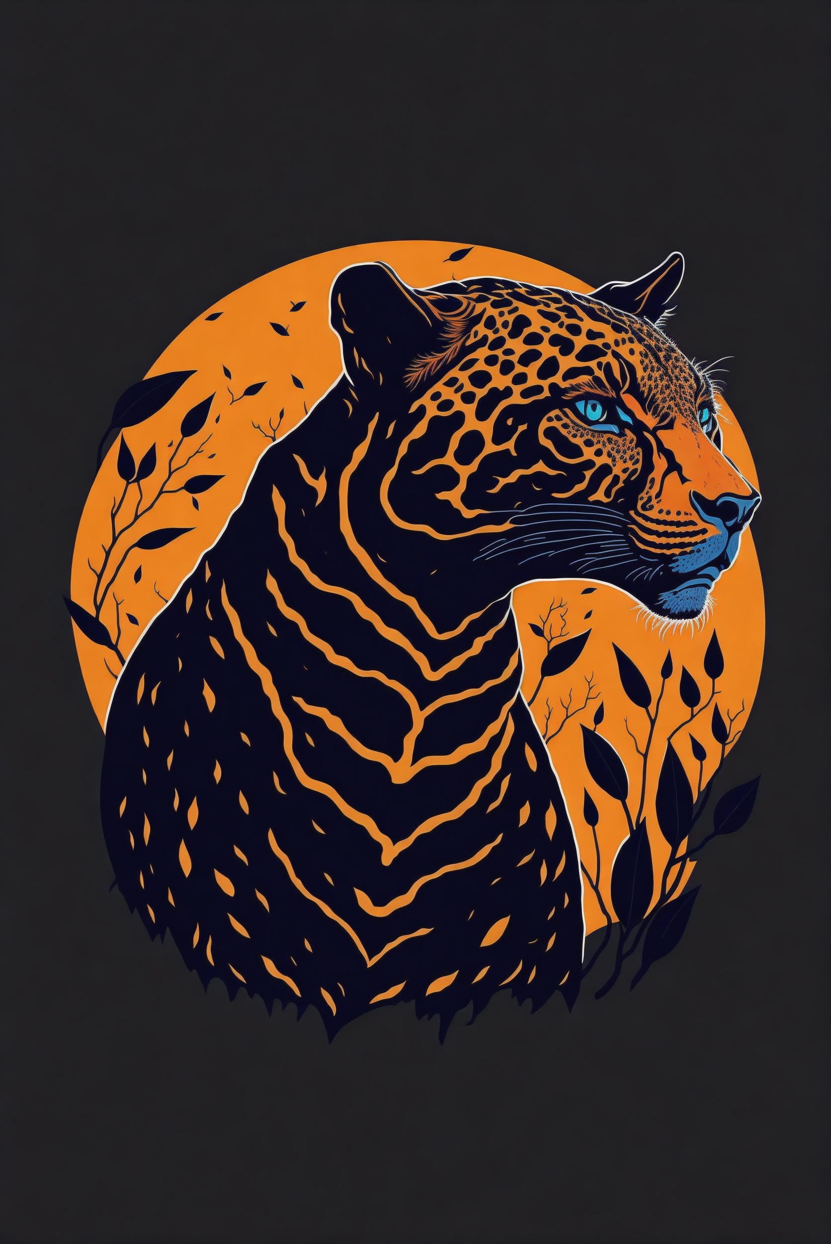 Deliberate prompt: a silhouette design of a jaguar, with defined sharpen eyes, sunset design, t- sh...