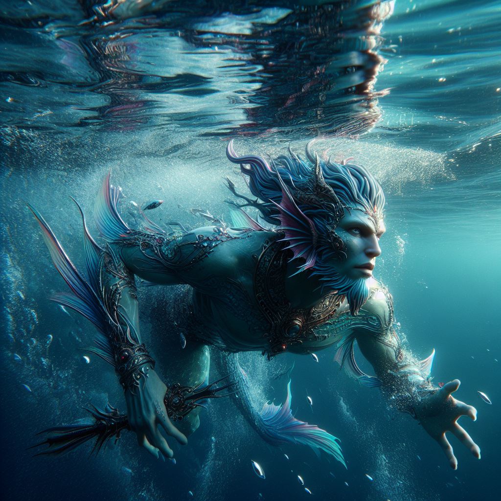 DALL·E prompt: Beneath the surface of a crystal-clear lake, Nereus, a regal merman warlord, com...