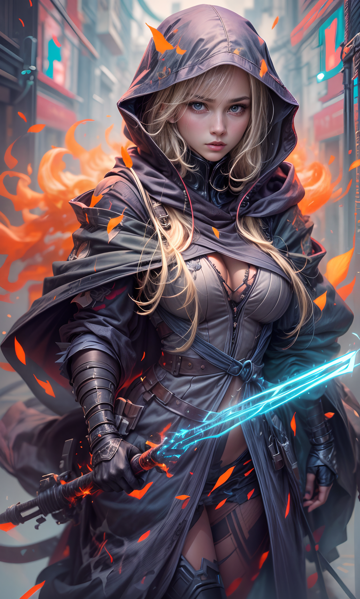 ReV Animated prompt: masterpiece, Rogue assassin girl, wearing a hood, blonde hair, shrouded in shado...