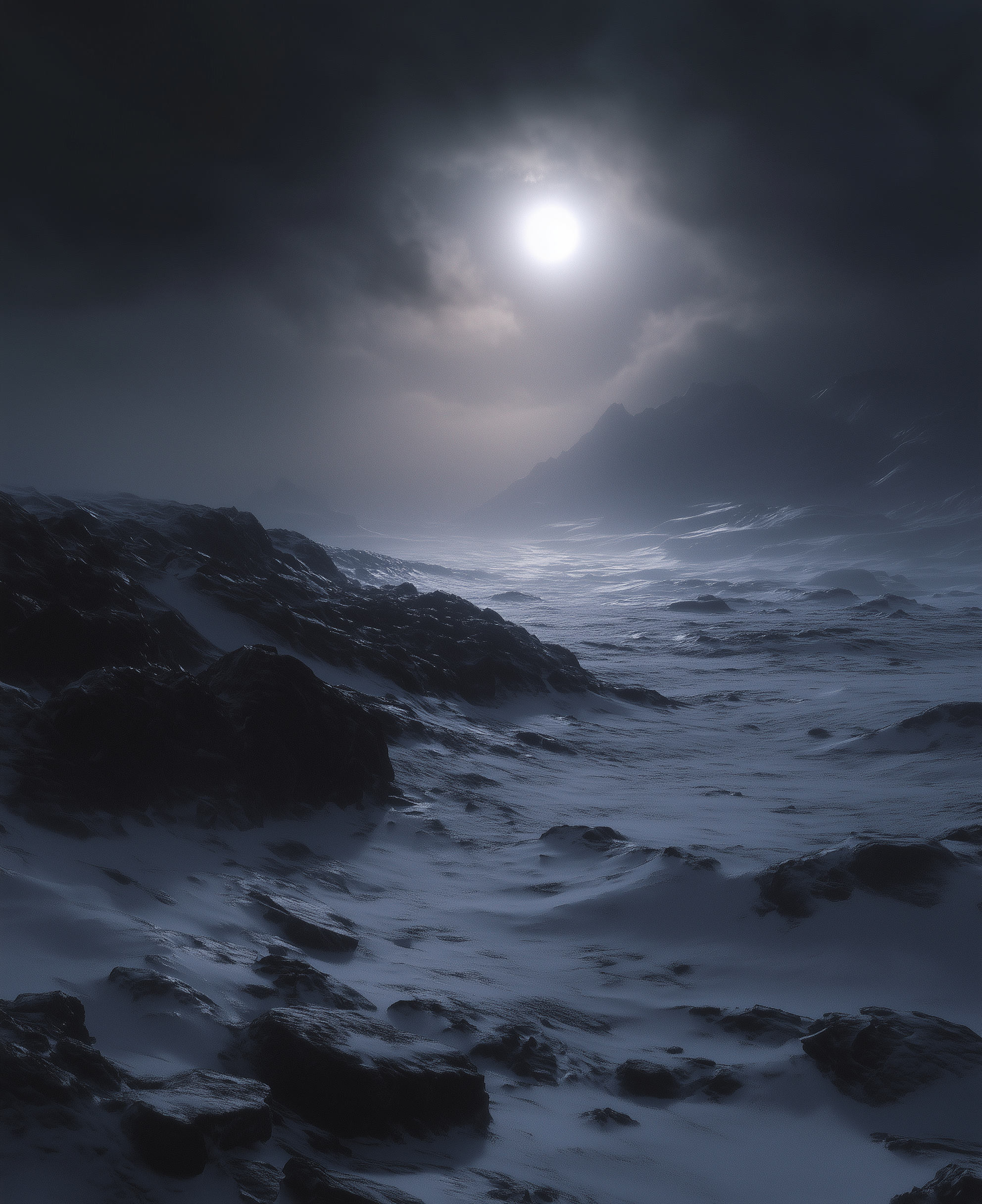 Midjourney prompt: A barren, rocky landscape with a distant blue sun in the sky, set against a blac...