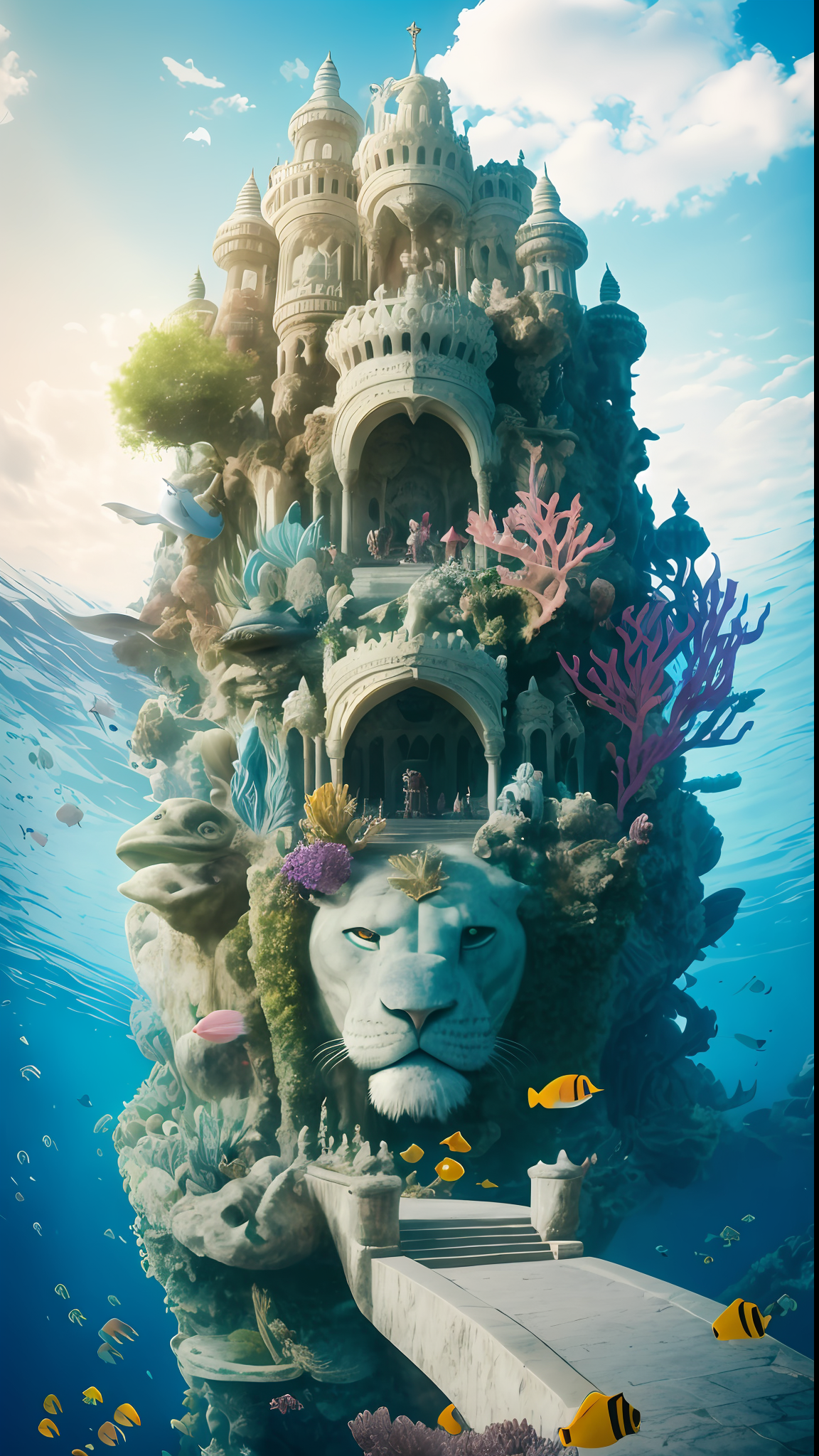 ReV Animated prompt: In the deep sea, in the sea, the palace of the underwater world is built on the ...
