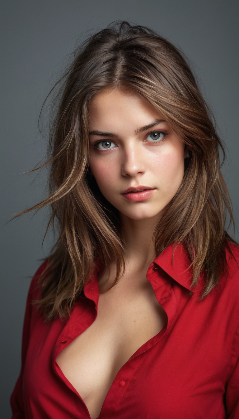 Flux_Realistic_v1 prompt: A portrait of a young woman with windswept, medium-length brown hair with natura...