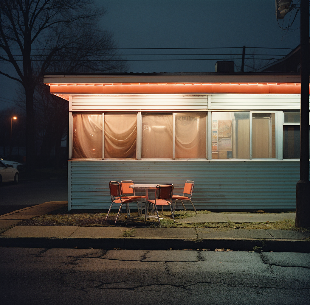Midjourney prompt: A small building with lights on inside at night in the suburbs. A window is open...