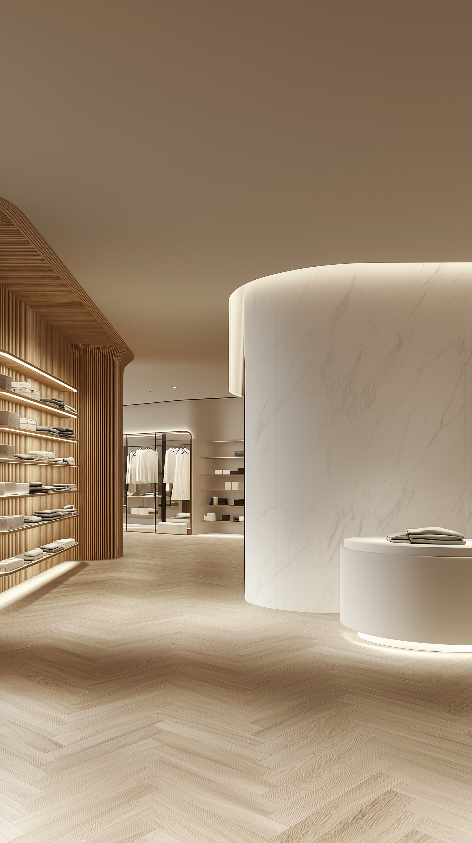 Midjourney prompt: Minimalist boutique featuring white marble walls, oak herringbone flooring, [flo...