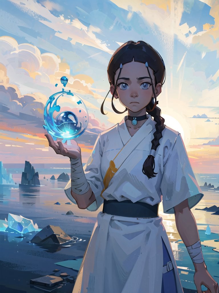 Deliberate prompt: masterpiece, best quality, 1girl, katara, toned, dark skin, braid, ((((sarashi))...